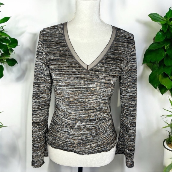 Metallic Top Papillon Blanc Y2K Indie Sleaze Shimmer Long Sleeve V Boho Neck - Picture 3 of 11